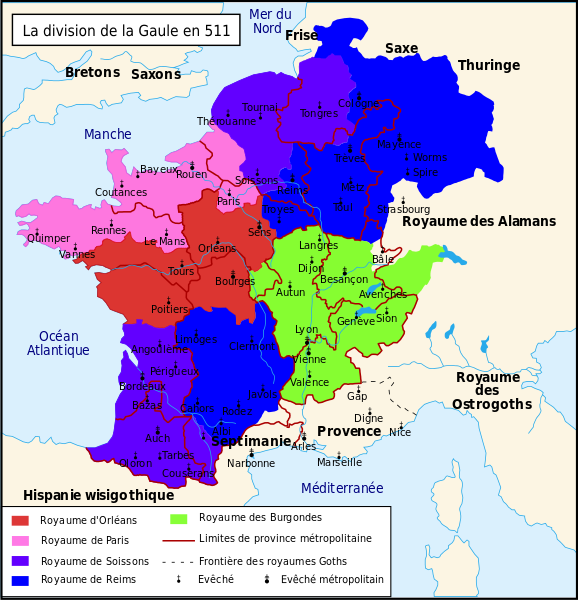 C'est vrai que notre France est beaucoup moins éternelle quand on montre la division du royaume après la mort de Clovis... (carte de Romain0 sur Wikimedia Commons)