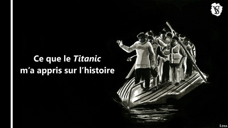 Vignette de la vidéo sur ce que le Titanic m'a appris sur l'histoire ; dessin représentant l'officier Lightoller et d'autres hommes debout sur un canot retourné.
