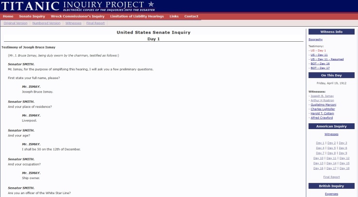 Capture d'écran du site du Titanic Inquiry Project, page du premier témoigange de Bruce Ismay