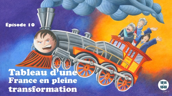 Vignette de l'épisode représentant une locomotive à tête de Napoléon, sur laquelle sont juchés les trois rois de la période