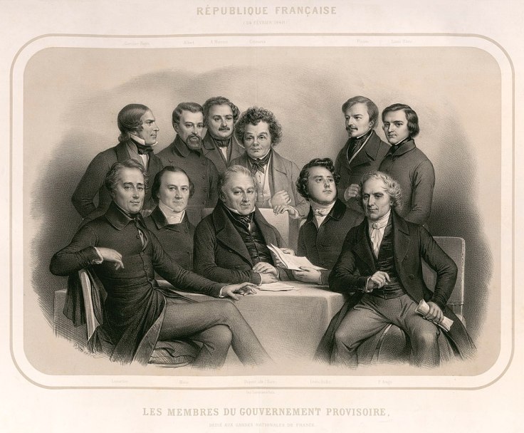 Représentation des onze membres du gouvernement provisoire, autour d'une table
